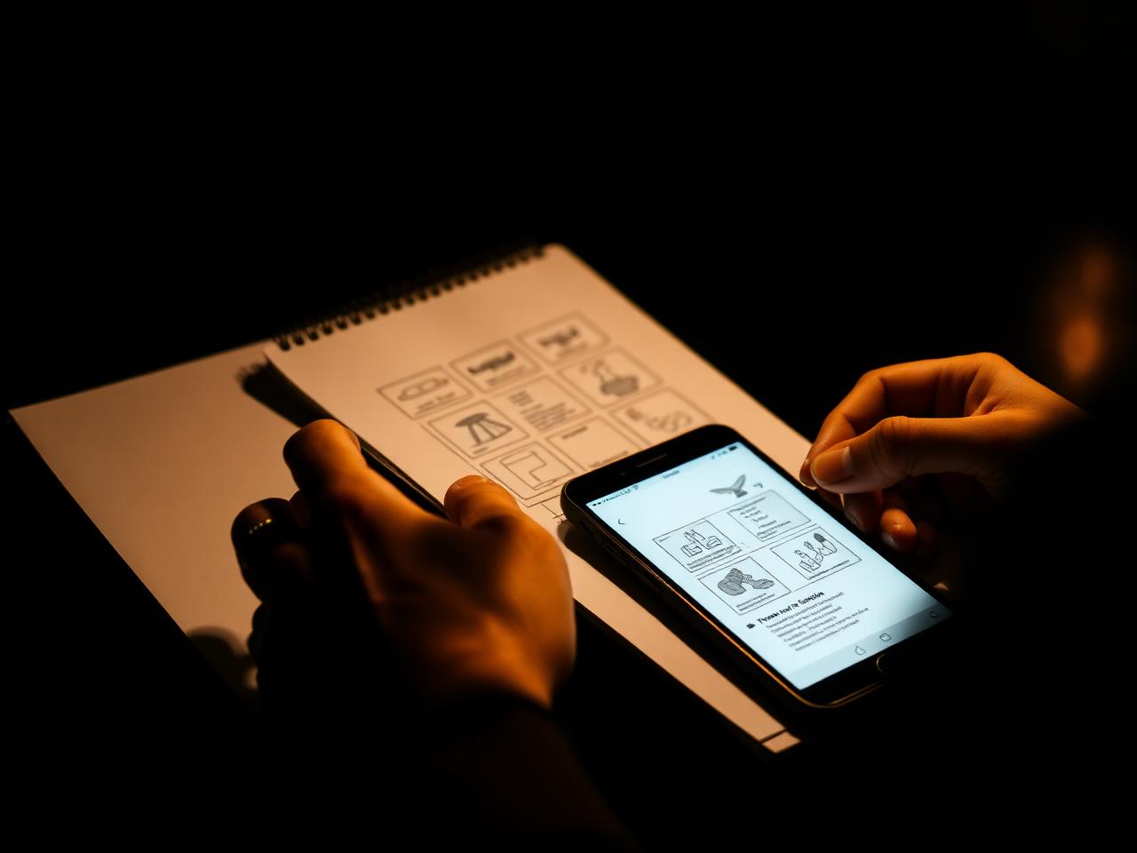 Skizze einer Webseiten-Struktur neben einem Smartphone