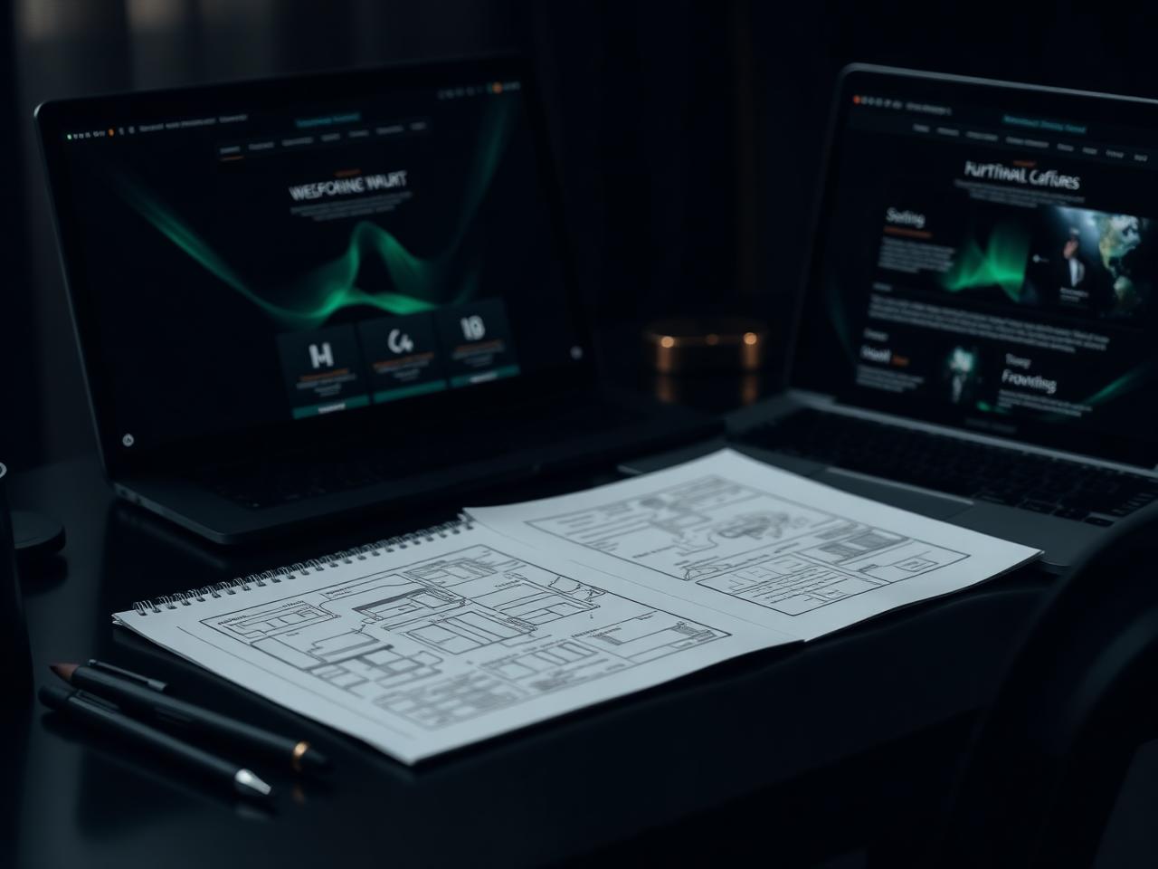 Skizze eines Webseiten-Aufbaus neben einem Laptop mit fertigem Layout